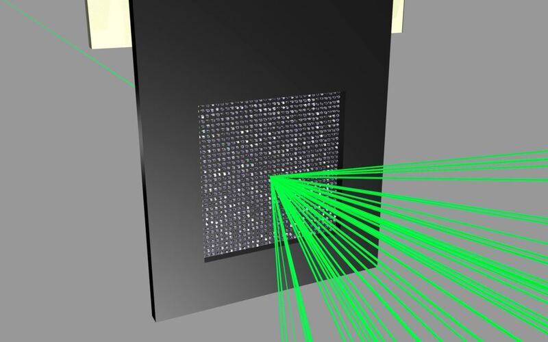 Darstellung des Untersuchungsprinzips: Der mit Nanokristallen beladene Chip wird vom Röntgenstrahl (grün) Pore für Pore abgerastert. Jeder Kristall erzeugt ein Streubild. (Philip Roedig, DESY)