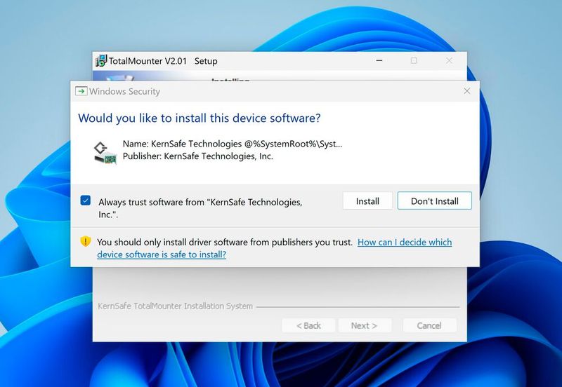 TotalMounter installiert Treiber für die virtuellen Laufwerke beim Installieren des Tools. (Bild: Joos (Screenshot))