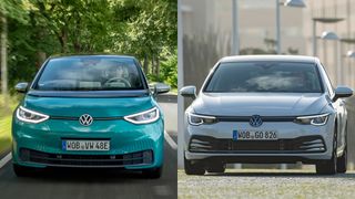 Der ID 3 (li.) verbraucht im Winter deutlich mehr als im Sommer. Im Vergleich zu einem Golf mit Dieselmotor bleibt er insgesamt dennoch effizienter (Bild: Volkswagen)