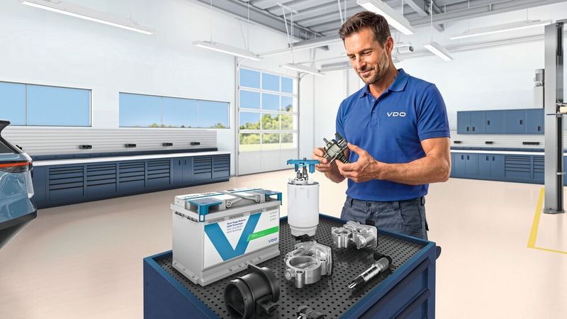 VDO kehrt nach längerer Abwesenheit unter dem neuen Dach von Aumovio auf die Automechanika zurück. Im Mittelpunkt steht das neue Batterieprogramm.(Bild:  Aumovio)