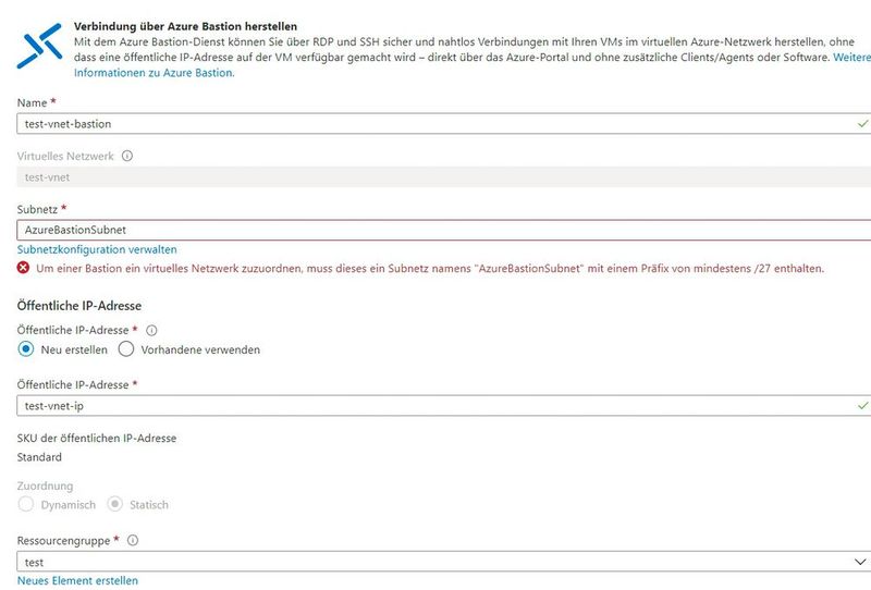 Azure Bastion für den Zugriff von RDP und SSH nutzen. (Bild: Joos)