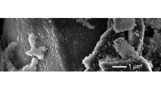 Akkualterung: Beläge aus zersetztem Elektrolyt auf Graphitpartikeln der Anode eines NMC-Lithiumionen-Akkus, der mit hoher Ladespannung (4,6 V) geladen wurde  (Bild: Irmgard Buchberger / TUM)