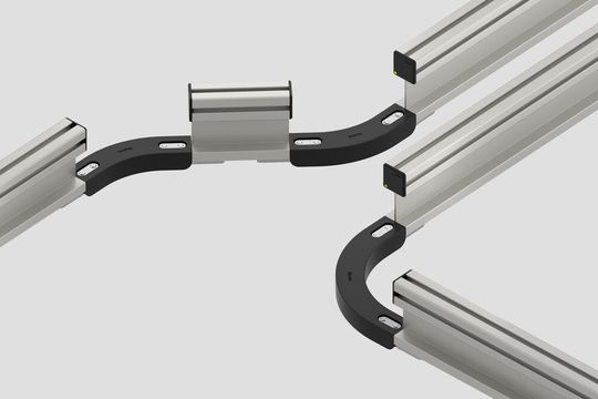 HFS-Kurven machen das Item-Hängefördersystem jetzt noch flexibler.(Bild:  Item)