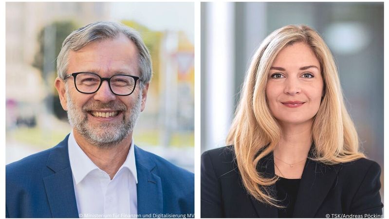 Dr. Heiko Geue, Digitalisierungsminister von Mecklenburg-Vorpommern, und Milen Starke, Digitalstaatssekretärin von Thüringen. (Bild:  © Canva / Ministerium für Finanzen und Digitalisierung MV / TSK, Andreas Pöcking)