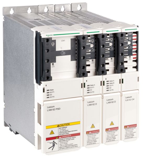 ILM 62 integrierte Servoantriebe nutzen die gleichen zentralen Netzteile wie das Multiachs-Servosystem Lexium LXM 62 mit Servoverstärkern in Schaltschrank-Ausführung und können mit diesen auch in gemischten Verbünden betrieben werden; hier eine Konfiguration aus Netzteil, zwei Double Drives und einem Connection Module (von links). (Bild: Schneider Electric)