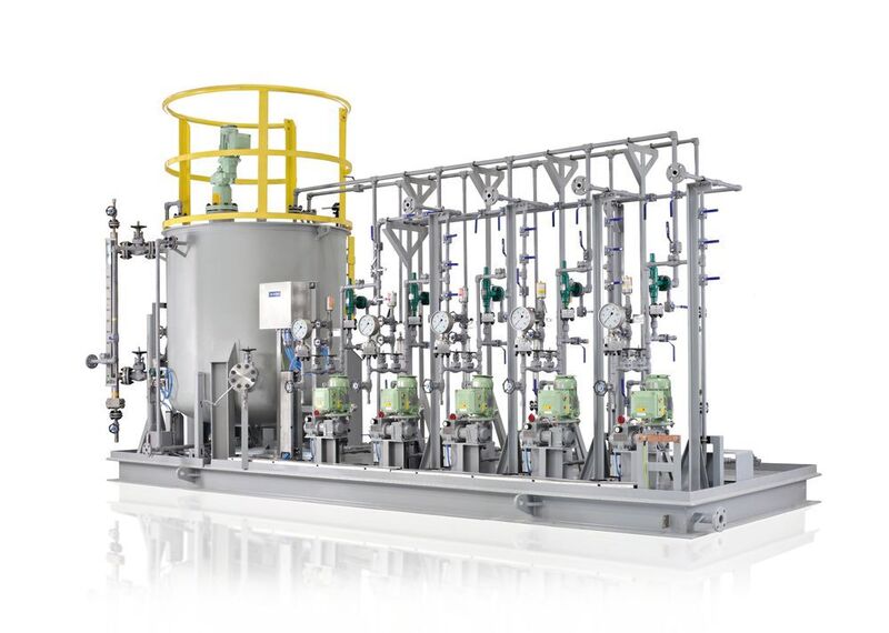 Dosing system with process dosing pumps according to API 675 and chemical container, completely piped and wired. (Prominent)