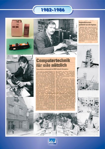 Die Jahre 1982 bis 1986 markieren die frühen Wurzeln von VTQ: Die Collage zeigt historische Entwicklungsarbeiten, erste Elektronikprodukte, Fertigungsplätze und regionale Presseberichte aus der Zeit, in der Computertechnik und Mikroelektronik zunehmend in industrielle Anwendungen einzogen. (Bild: VTQ Videotronik GmbH)