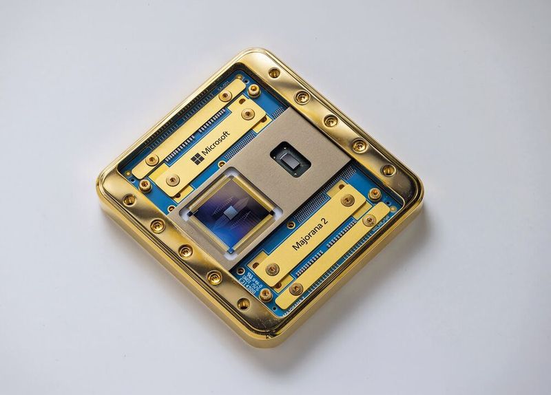 Mit dem Quantenchip Majorana 2 hat Microsoft einen topologischen Quantenchip der zweiten Generation präsentiert, bei dem die Kohärenz, also die Lebensdauer der Qubits, im Mittel bis zu 20 Sekunden betragen soll, statt Millisekunden wie bei anderen Ansätzen. Allerdings gibt es Zweifel daran, ob Microsofts Konzept zu einem funktionierenden Quantencomputer führen kann.  (Bild: John Brecher)