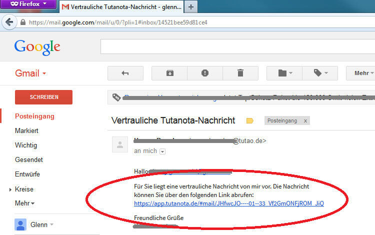 Der Empfänger erhält in seinem E-Mail-Account einen Benachrichtigungslink. Klickt er auf den Link, … (Bild: Tutao)