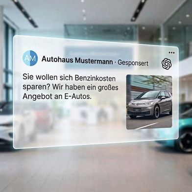 Chat-GPT ist jetzt auch für Werbung offen. Fahrzeugwerbung von Autohändlern ist noch nicht ohne Weiteres möglich. Die Vorbereitung auf das Werbeformat kann sich dennoch lohnen. (Bild: Gemini / KI-generiert)