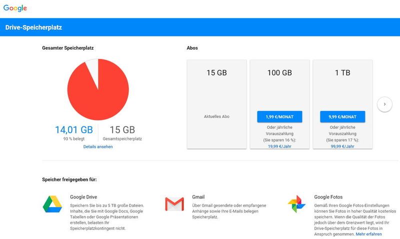 Der Speicherplatz von Google Drive lässt sich erweitern. (Google / Thomas Joos)