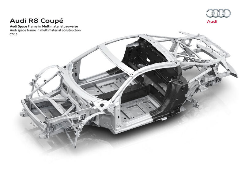 Der Audi Space Frame (ASF) des Audi R8 bringt nur 200 kg auf die Waage, 10 kg weniger als das Vorgängermodell. Der ASF beim Topmodell R8 V10 setzt sich zu 79 % aus Aluminium und zu 13 % aus carbonfaserverstärktem Kunststoff (CFK) zusammen. (Bild: Audi AG)