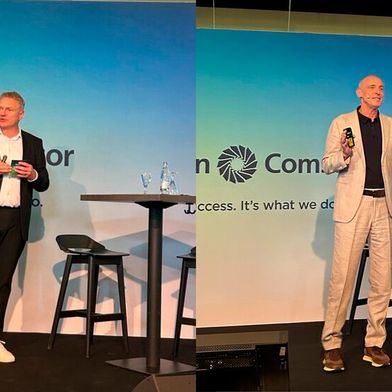 Jens Gerken (l.) und Rene Klein sprachen bei der Partnerkonferenz in Gelsenkirchen unter anderem über die Veränderungen im Markt und über die Bedeutung von Zusammenarbeit.  (Bild: Vogel IT-Medien)