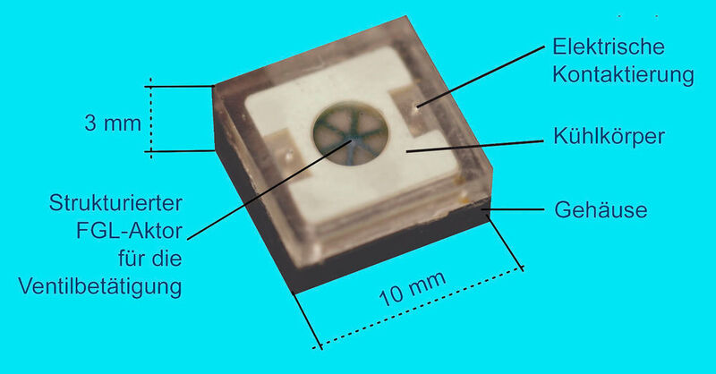 FGL-Mikroventil mit flexibler magnetischer Anschlusstechnik. FGL-Aktoren bringen die 100-fache Kraft ihres Eigengewichts auf. (SMActuators)