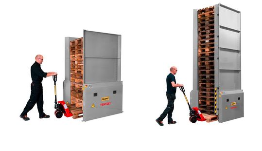 Ventzki hat jetzt die Palettenmagazinsysteme des dänischen Anbieter Palomat ins Portfolio aufgenommen. Ganz ohne Staplereinsatz kann man mit den beiden existierenden Varianten entweder bis zu 15 Paletten (links) oder 25 Paletten schnell und kraftschonend handhaben.(Bild:  Ventzki)