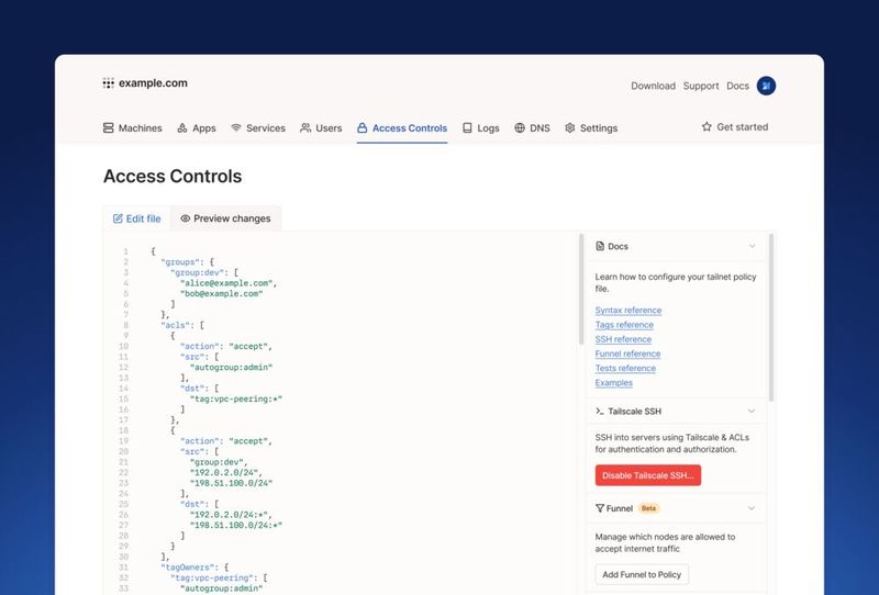 Zugriffssteuerung einrichten: Die Seite „Zugriffssteuerung“ ermöglicht es Administratoren, ACLs direkt zu bearbeiten und Änderungen mit integrierter Anleitung zu überprüfen. (Bild: Tailscale)