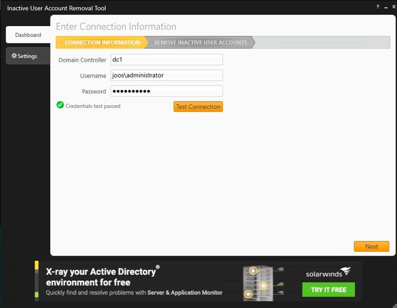 Das Inactive Account Removal Tool von Solarwinds erfordert eine Anmeldung an einem Domänencontroller. (Bild: Joos / SolarWinds)