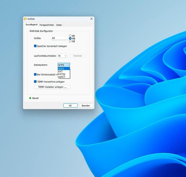 Erstellen einer neuen RAM-Disk mit ImDisk in Windows 11. (Bild: Joos (Screenshot))