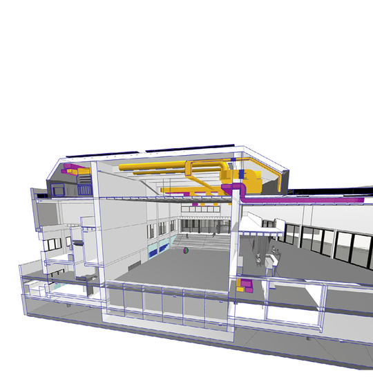 (3D-Darstellung: TGA-Planung des Neubaus der Kammerspiele Ingolstadt. Bild: bhp-GmbH, Bad Kötzting/Regensburg)