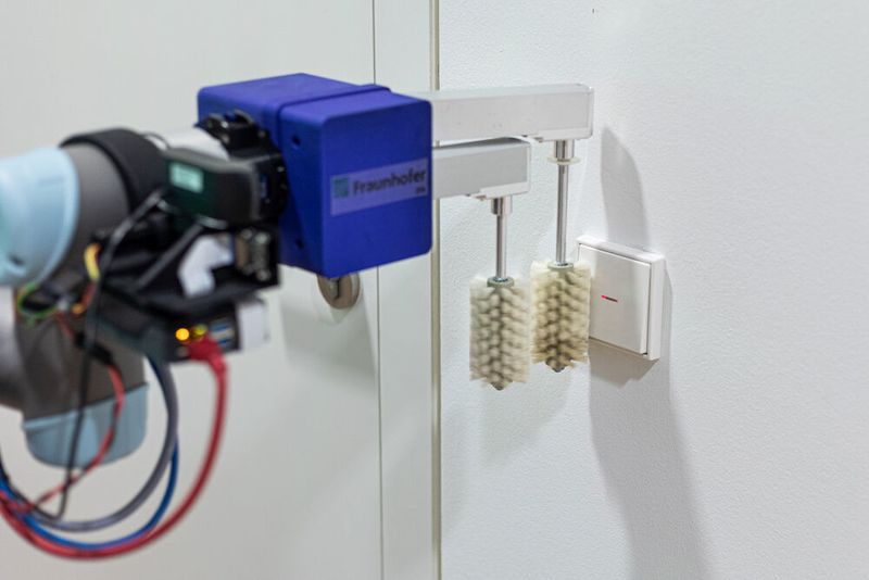 Mithilfe seines flexiblen Reinigungswerkzeugs kann DeKonBot 2 unterschiedliche Oberflächen desinfizieren, neben Türklinken und -knäufen auch Aufzugknöpfe oder Lichtschalter. (Fraunhofer IPA, Rainer Bez)