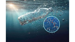 Das Wasser des Nordatlantik enthält große Mengen an Nanoplastik. Nachweisen lassen sich vor allem Kunststoffe, aus denen beispielsweise Ein- und Mehrwegplastikflaschen, Folien oder Einwegtrinkbecher und Einmalbesteck bestehen.  (Bild: ittipol, Adobe Stock / Grafik: Sebastian Wiedling, UFZ )