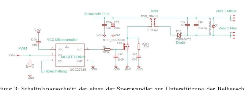 Bild 3: Schaltplanausschnitt der einen der Sperrwandler zur Unterst¨utzung der Reihenschaltung zeigt  (Soﬁa Mik/Jan Reckermann, SFZ Südwürttemberg )