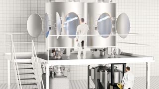 Beispiel eines Doppelwellenmischers mit 10 m³ nutzbarem Volumen mit vier totraumfreien Austragsorganen, die zeitgleich fungieren. Der Mischer weist acht Clevercut-Inspektionstüren auf. (Bild: Amixon)