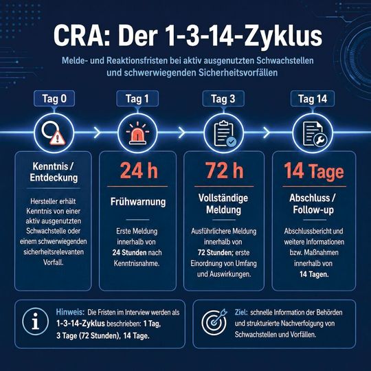 Meldeprozess zum 1-3-14-Zyklus: Ab September 2026 müssen aktiv ausgenutzte Schwachstellen und schwerwiegende Vorfälle in engen Fristen gemeldet werden.(Bild:  Dall-E / KI-generiert)
