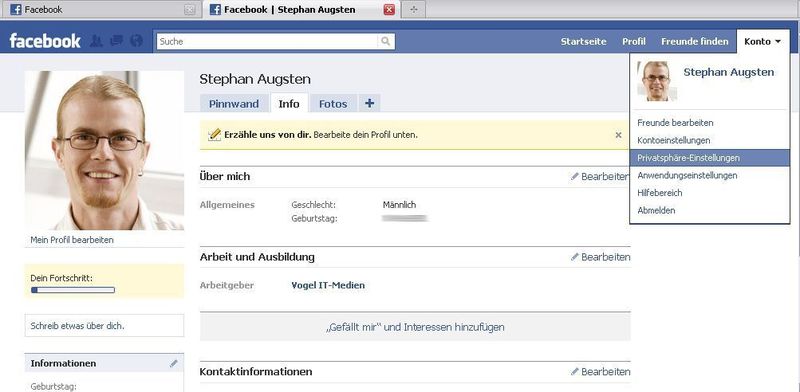 Nach den ersten Schritten gelangt man ins Facebook-Profil. Hier sollte man zunächst die Privatsphäre-Einstellungen kontrollieren, … (Archiv: Vogel Business Media)