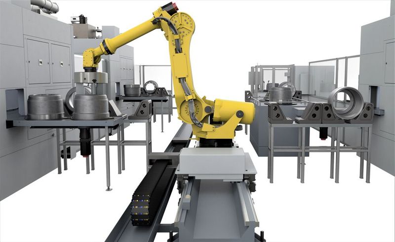 So ist der Roboter im Rahmen der Bremstrommel-Bearbeitungsanlage von Emag platziert. Auf Schienen gelagert, kann er sich in alle Richtungen bewegen, um das Handling der Bremstrommeln möglichst schnell auszuführen. (Bild: Emag)