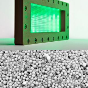 Die für die Syntheseschritte benötigten Katalysatoren werden auf transparenten Folien immobilisiert (oben) oder als Katalysator-Partikel eingesetzt (unten). Die Aufnahme des Elekronenmikroskops zeigt einen Ausschnitt aus einem Partikel mit den Trägerpartikeln für Enzyme und Photokatalysatoren. Deren Größe liegt im Nanometerbereich.(Bild:  Fraunhofer IGB (oben) / Fraunhofer ISC (unten))