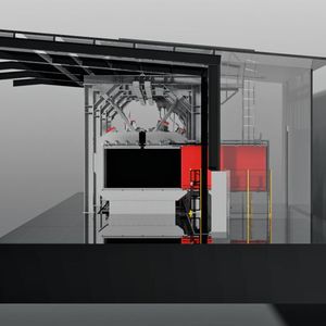 Zwischen den Hallenträgern wurde die Strahlanlage auf 5,60 m Breite eingepasst, was eine Anbringung der Strahlmittelaufbereitung über dem Hängebahn-Transportsystem nötig machte.