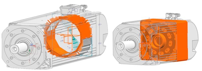 Bild 1: Hochintegrierte Antriebe und die Kühlkörper ihrer Leistungselektronik (orange eingefärbt) (Bild: Lenze)