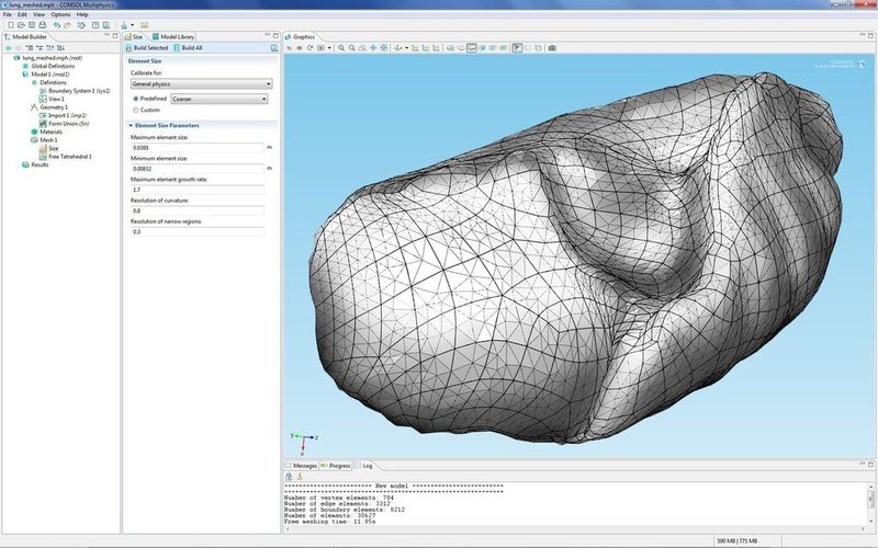 Diese geometrische Darstellung einer Lunge wurde über das COMSOL CAD Import Modul importiert. Der Vernetzungsalgorithmus erzeugt ein Standard-Netz in 30 Sekunden auf einer gebräuchlichen Dual-Core Workstation. Wenn virtuelle Geometrieoperationen verwendet werden, um den Einfluss vernachlässigbarer Geometriekanten und –oberflächen zu minimieren, benötigt man lediglich 10 Sekunden, um ein gröberes Netz zu erzeugen. (Bild: Comsol Multiphysics)