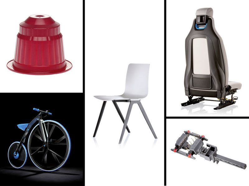 Ultradur for aroma-proof thin coffee capsules (upper left), booth seating with the surface polyamide Ultramid SI (middle), front seat including a seat structure component made of Ultramid in the BMWi3 (upper right), Ultraform Pro in the Skin Stretcher, an implement for closing large wounds after operations (lower right) and more than 20 materials in the bicycle design study “concept 1865” (lower left). (Picture: BASF)