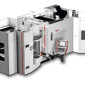 Handlingsystem 
HS flex mit zwei Speichermodulen adaptiert an ein 5-Achsen-Bearbeitungszentrum C 32.