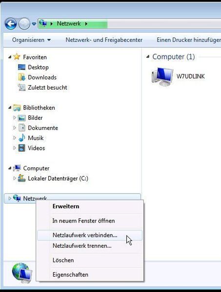 Schritt 20: Um unserer Verbindung zu überprüfen wechseln Sie nun zum Windows Explorer. Selektieren Sie den Eintrag Netzwerk und drücken Sie die rechte Maustaste. Anschließend wählen Sie Option „Netzlaufwerk“ verbinden. (Archiv: Vogel Business Media)