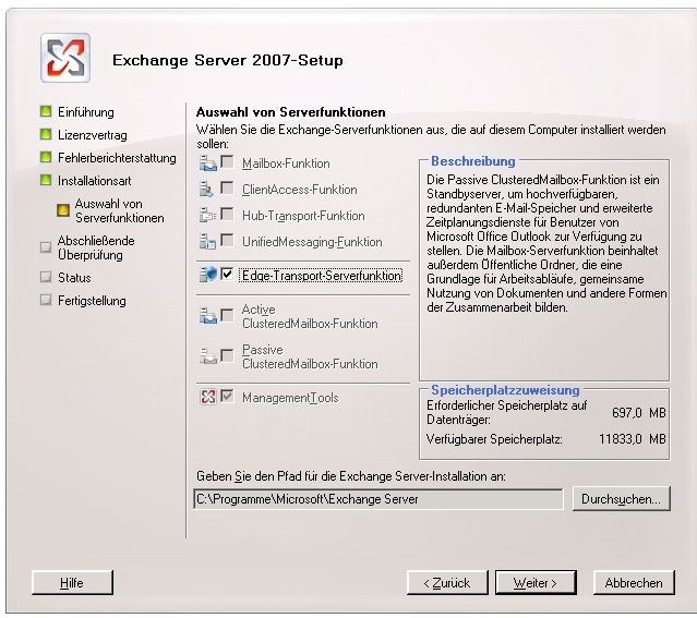 Abbildung 1:  Installation eines Edge-Transport-Servers; Voraussetzung für diese Funktion ist ein ADAM SP 1 auf dem betreffenden Server (Archiv: Vogel Business Media)