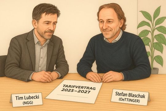 Die Oettinger Brauerei hat sich mit der NGG auf neue Tarifverträge mit 3,8 Prozent Lohnplus geeinigt.(Bild:  GPT Image Editor / KI-generiert)