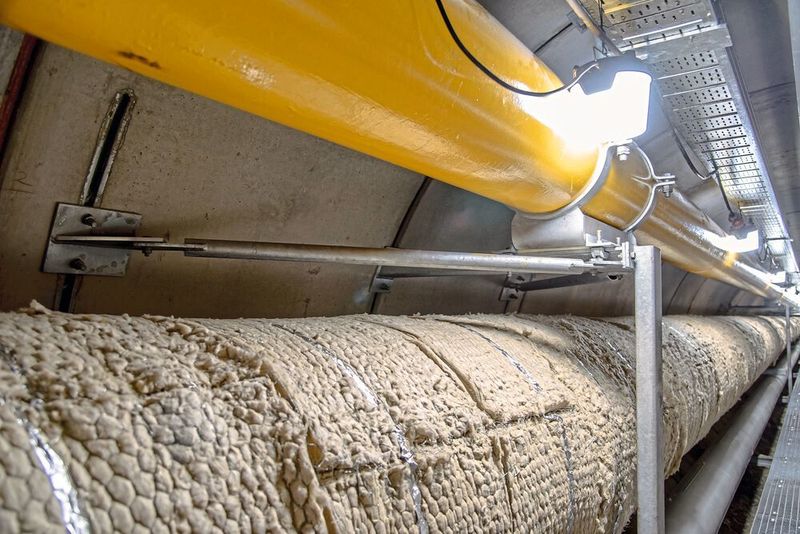 Die Montage der Isolierung und der zugehörigen Stützkonstruktion ist denkbar einfach: Die vorgefertigten Drahtnetzmatten werden zunächst zweilagig mit entsprechendem Fugenversatz um die Rohrleitungen gelegt und mit Mattenhaken befestigt. Anschließend werden die Tragringe der Stützkonstruktion platziert und die Abstandhalter eingesetzt.   (Torsten Elger/Isover)