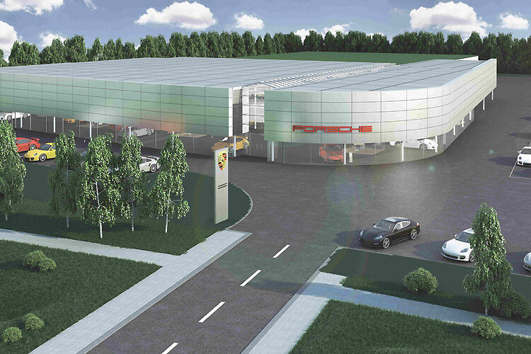 Das neue Porsche-Zentrum Hamburg Nord-West auf einem 22.000 Quadratmeter großen Areal in Autobahnnähe soll Ende dieses Jahres eröffnen. (Porsche)