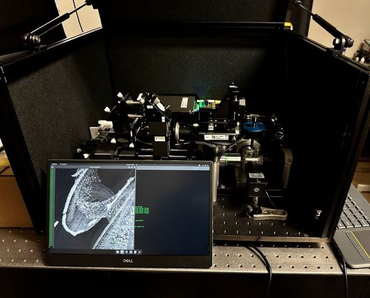 Lichtblattmikroskop mit neu entwickelter Plattform beim Scan einer Hörschnecke(Bild:  Mostafa Aakhte)