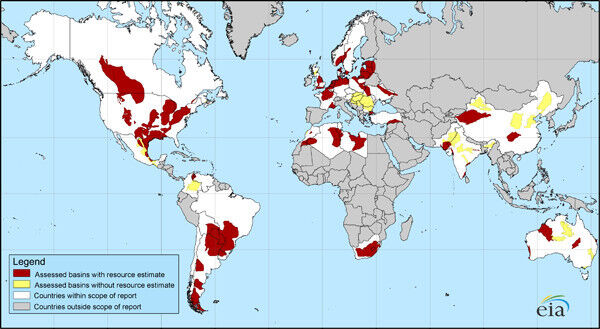 Shale-Gas-Vorkommen auf der Weltkarte (Bild: United States Department of Energy)