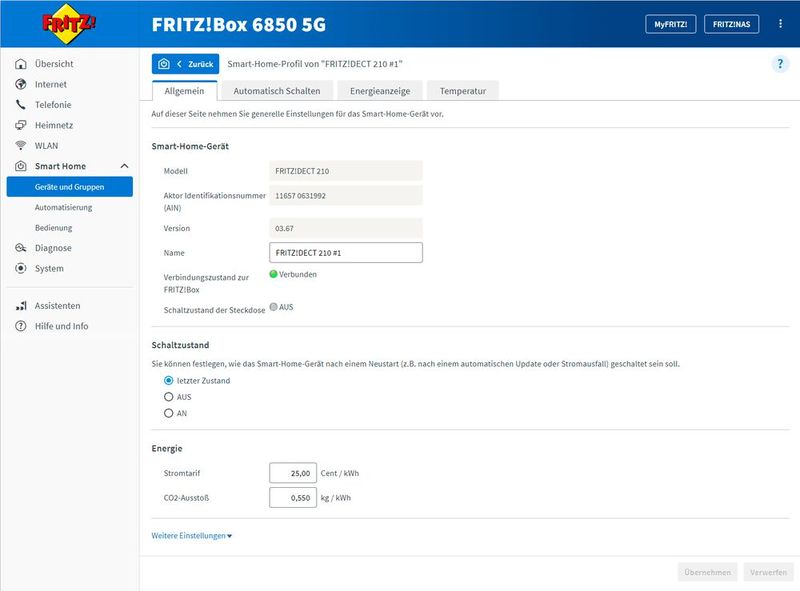 Steuern einzelner Smart Home-/IoT-Geräte in der Fritzbox-Oberfläche. Hier stehen zahlreiche Optionen zur Verfügung. (Bild: Joos - AVM)