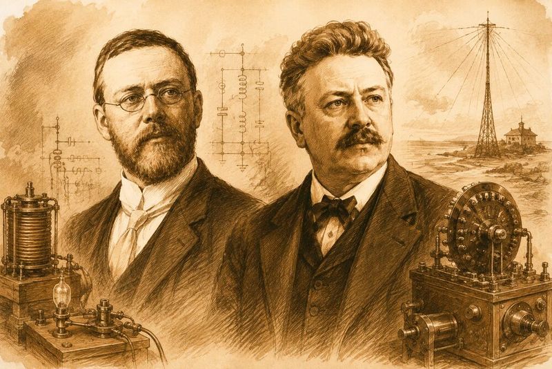 Die Funkpioniere Reginald Fessenden und Valdemar Poulsen entwickelten zu Beginn des 20. Jahrhunderts unabhängig voneinander Verfahren zur drahtlosen Übertragung von Sprache und Tönen. Beide trugen damit entscheidend zur Entwicklung des Rundfunks bei. (Bild: Dall-E / KI-generiert)