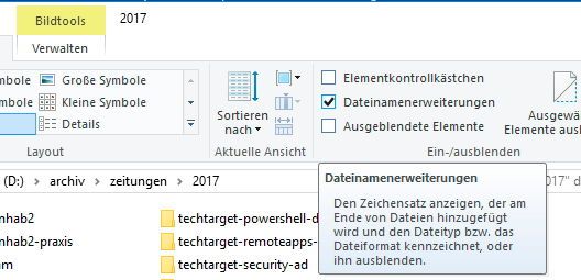 Tipp11: Das Anzeigen von Dateiendungen ist für die Sicherheit des Rechners ohnehin wichtig. Denn ohne diese Aktivierung erscheint die Datei „virus.docx.exe“ als „virus.docx“ auf dem Rechner, weil die echte Dateiendung ausgeblendet wird. Die Dateiendungen lassen Sie in Windows 10 über das Menüband im Windows-Explorer anzeigen. Wechseln Sie dazu auf die Registerkarte Ansicht und aktivieren Sie die Option „Dateinamenerweiterungen“ im Bereich „Ein-/Ausblenden“. (Bild: Th. Joos)