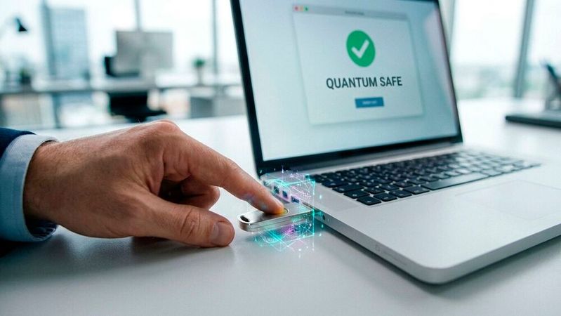 Ein physischer Sicherheitsschlüssel schützt heute zuverlässig vor Phishing. Ob er auch Quantencomputern standhält, hängt von der nächsten Hardware-Generation ab.(Bild:  Gemini / KI-generiert)