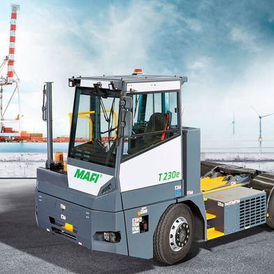 Die Elektro-Terminal-Zugmaschine Mafi T230e für Containerterminals und Distributionszentren kommt mit niedrigen Betriebskosten über die gesamte Lebensdauer daher. (Bild: Mafi)
