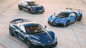 Ende der Hypercar-Dreifaltigkeit unter dem Dach des Volkswagenkonzerns: Rimac Nevera (vorne), Bugatti Chiron (Mitte) und Porsche Panamera. (Bild: Porsche)