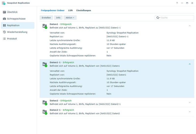 Nach der Einrichtung von Synology Snapshot Replication lassen sich die aktiven Sicherungen zentral verwalten und überprüfen. (Bild: Joos - Synology)